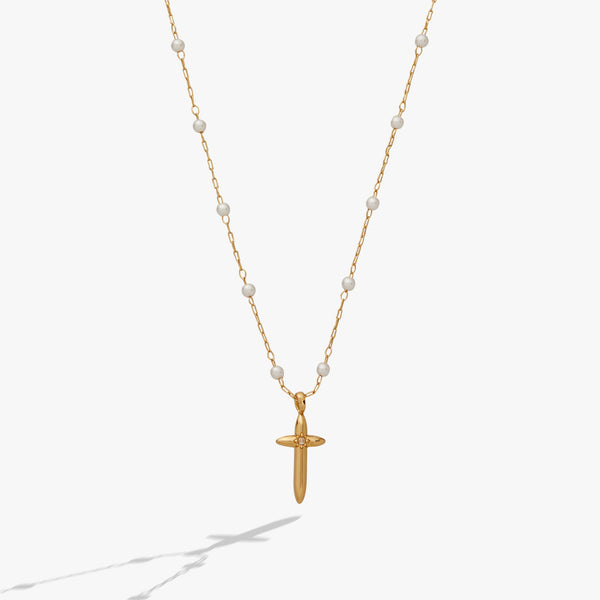 Cross 4:13 Pearl Rosary Chain Pendant Necklace